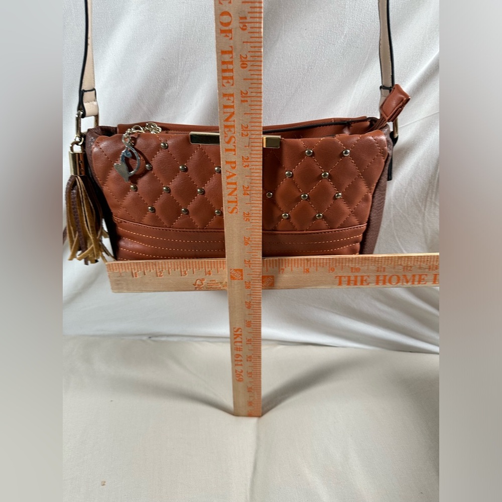 Baby phat Y2K Cognac Brown Studded Quilted Leather Crossbody Purse Pink Liner - Picture 5 of 16